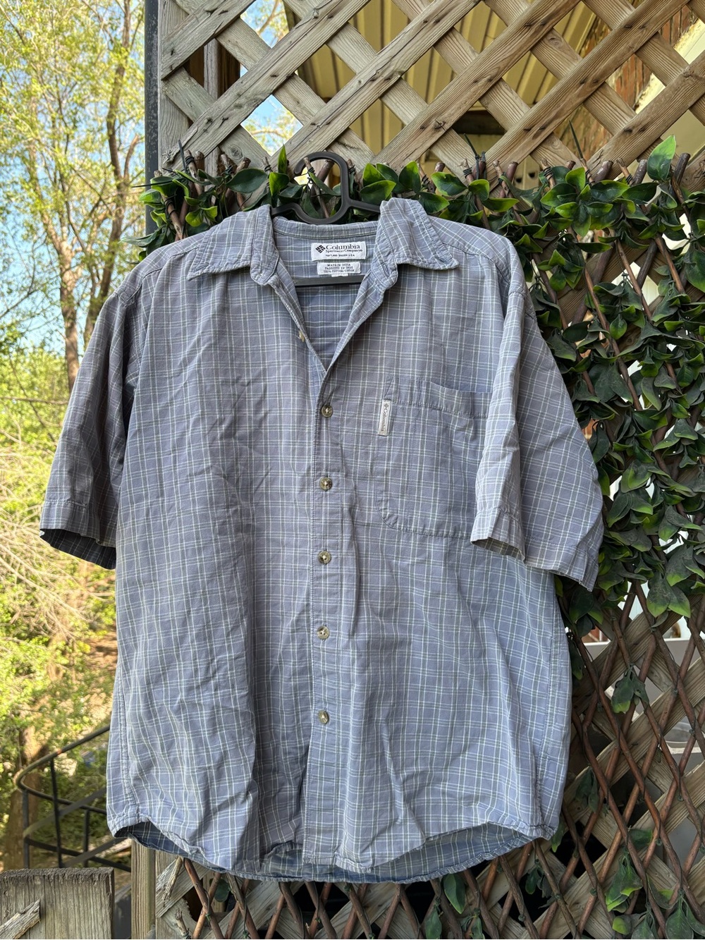 columbia baby blue plaid, short-sleeve button-up shirt - vintage, grandpa, boho